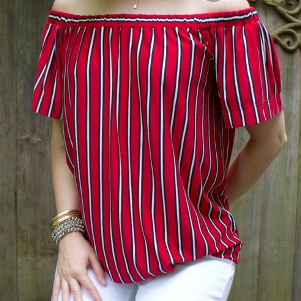LOFT Striped Off The Shoulder Tee